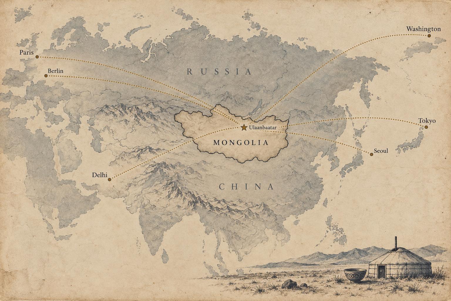 A warm bone-paper editorial map showing Mongolia between a vast slate-grey Russia to the north and China to the south, with thin dotted ochre lines fanning from Ulaanbaatar outward to small marks reading Washington, Tokyo, Delhi, Paris, Seoul and Berlin; a small ger silhouette and a dark ceramic tea bowl rest in the lower corner.