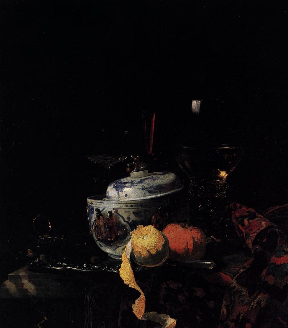 Willem Kalf still life with a Chinese porcelain bowl in a dark Dutch interior arrangement.
