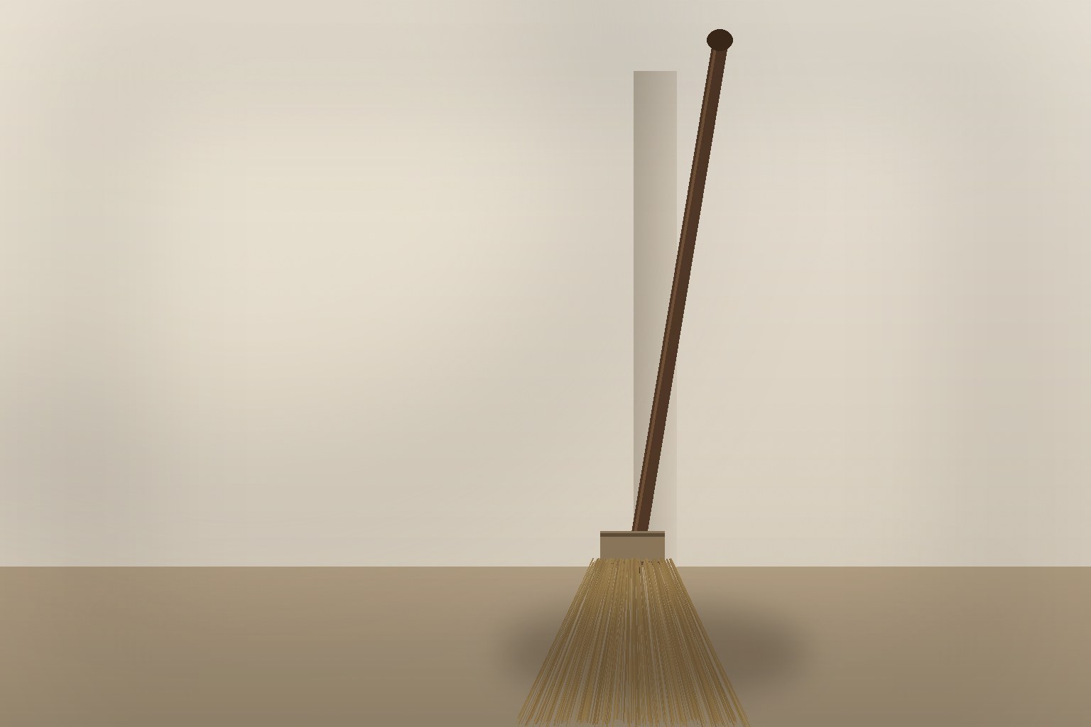 A wooden-handled broom leaning quietly against a bare plaster wall in soft morning light, its bristles fanning out onto a scrubbed wooden floor.