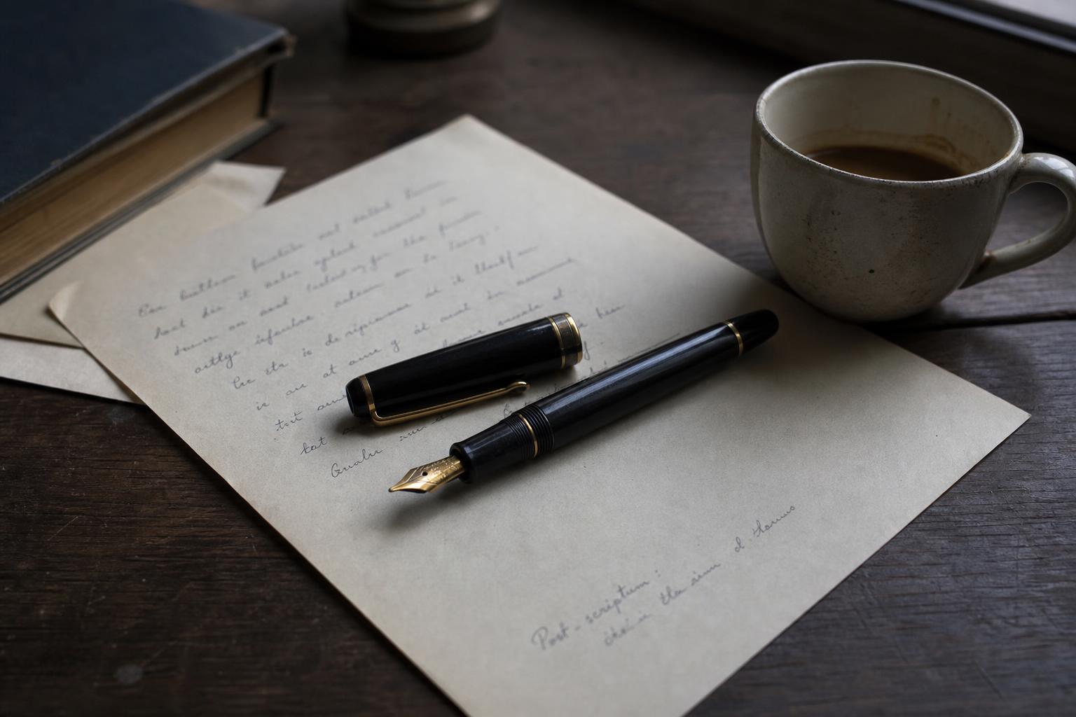 Quiet editorial still life of a fountain pen resting across a sheet of paper beside a coffee cup.
