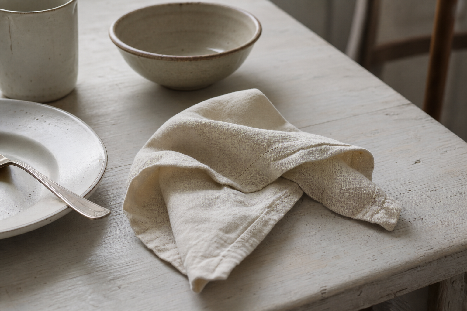 A folded cloth napkin resting on a modest table beside simple tableware in soft natural light.