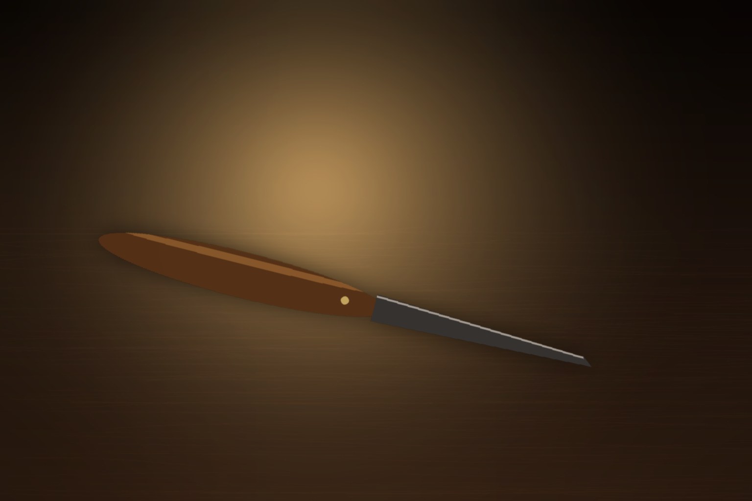 A restrained editorial still life in warm low lamplight: a folding pocket knife with a worn walnut handle and a thin steel blade laid at a slight angle across a dark walnut table, a single pool of amber light falling from the upper left, the rest of the room receding into shadow.