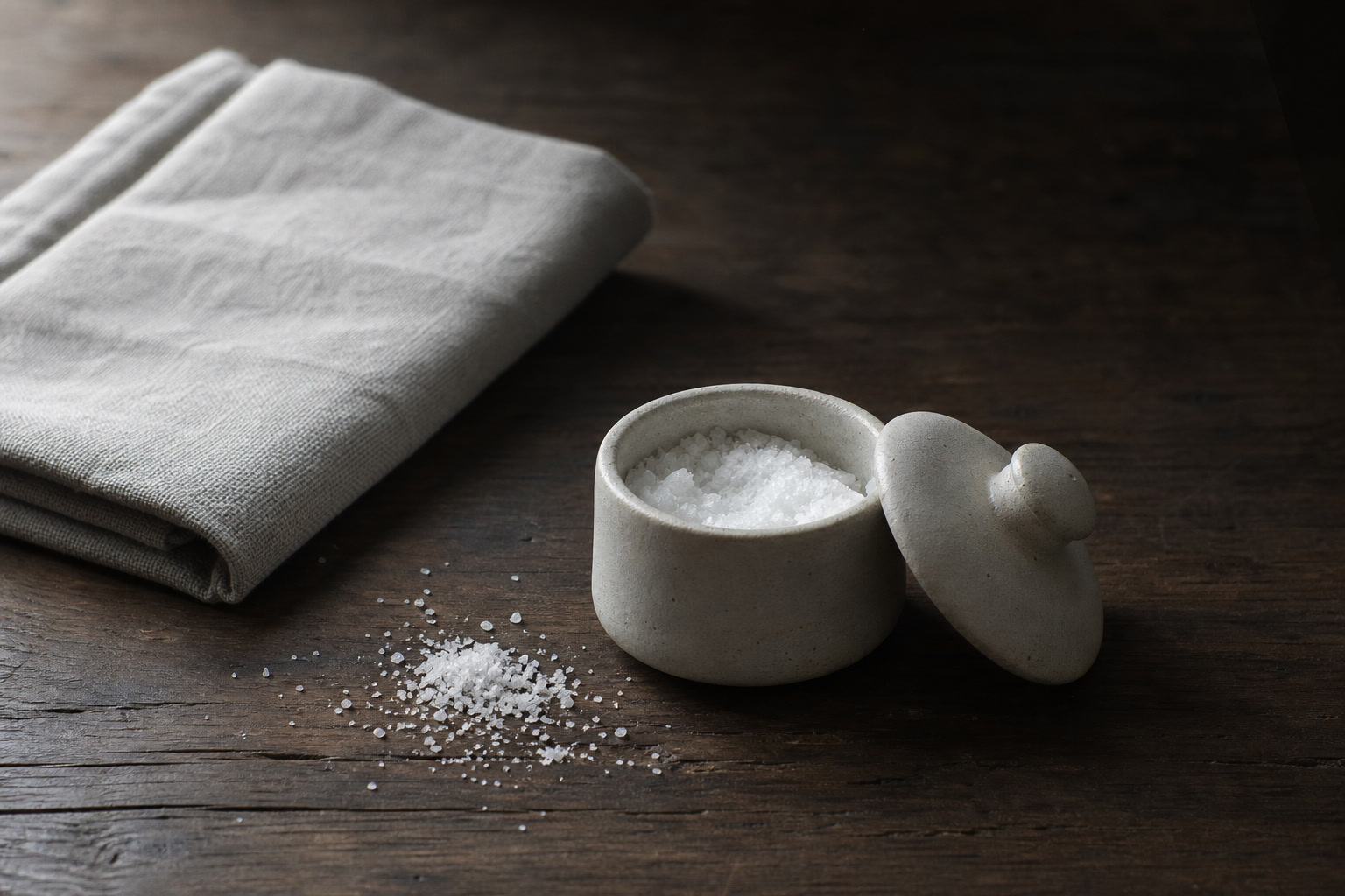 A small open ceramic salt cellar with a pinch of coarse salt beside it on a dark wooden kitchen table, in low northern light.