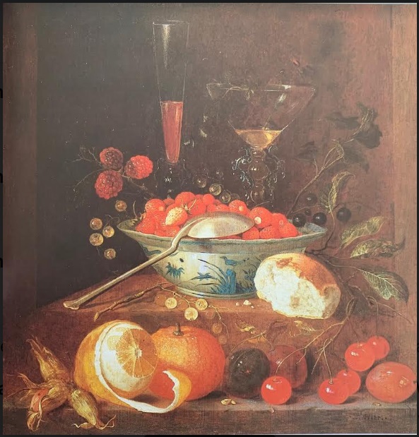 Jan Davidsz. de Heem still life with fruit, a silver spoon, and two glasses on a dark table.