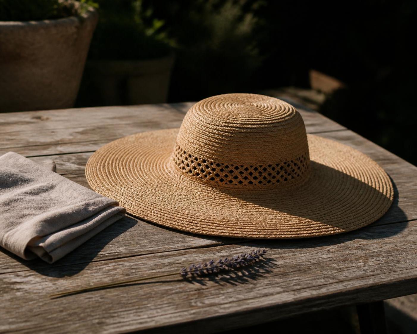 A woven straw hat with a wide brim resting on a weathered wooden garden table in warm high-August afternoon light, a folded linen napkin and a stem of dried lavender beside it.