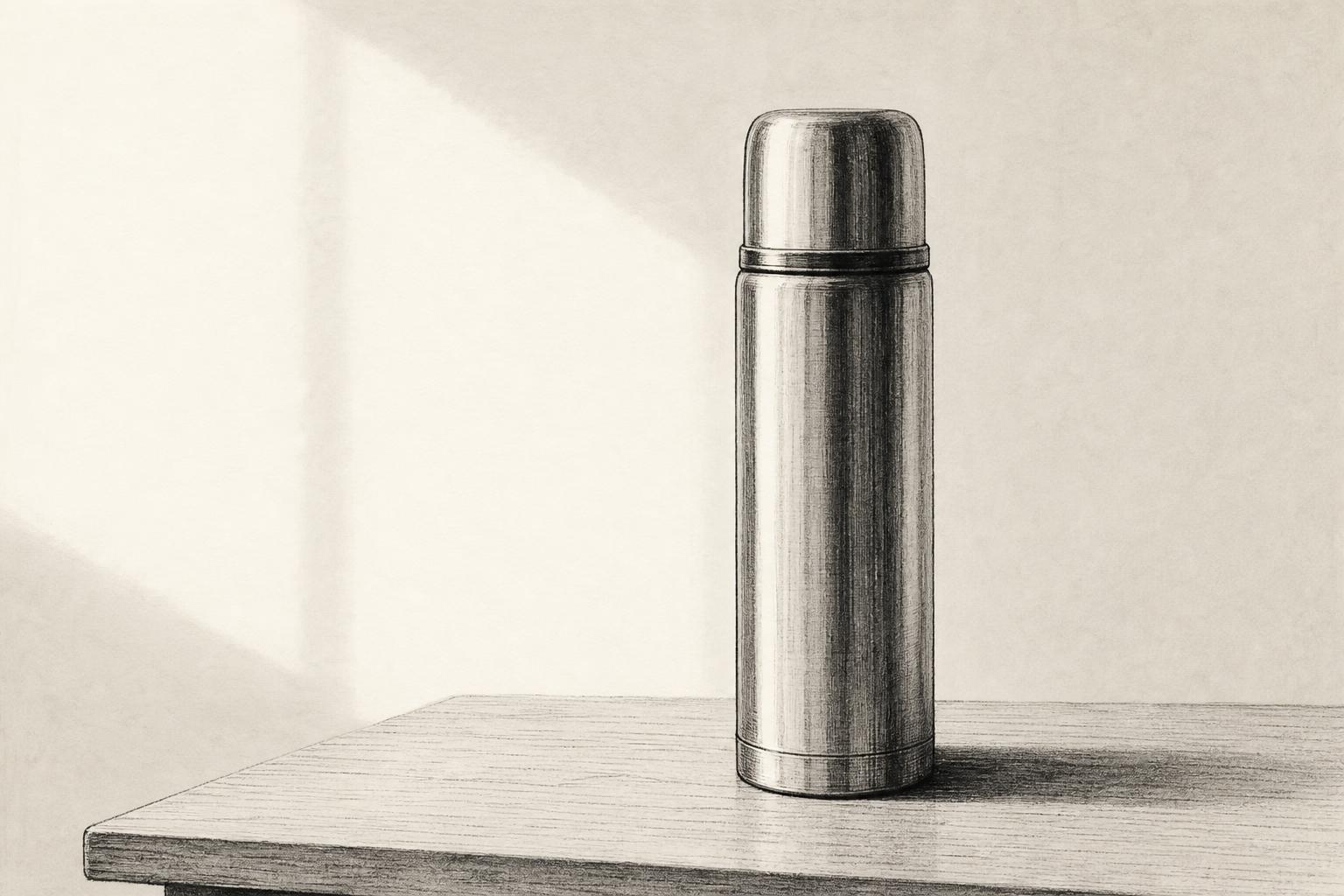 Minimal monochrome editorial illustration of a classic thermos flask on a quiet table.