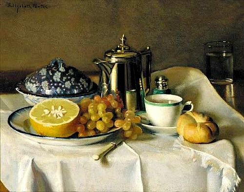 Elizabeth Okie Paxton's Continental Breakfast: a woman in a pale room carries a breakfast tray in quiet morning light.