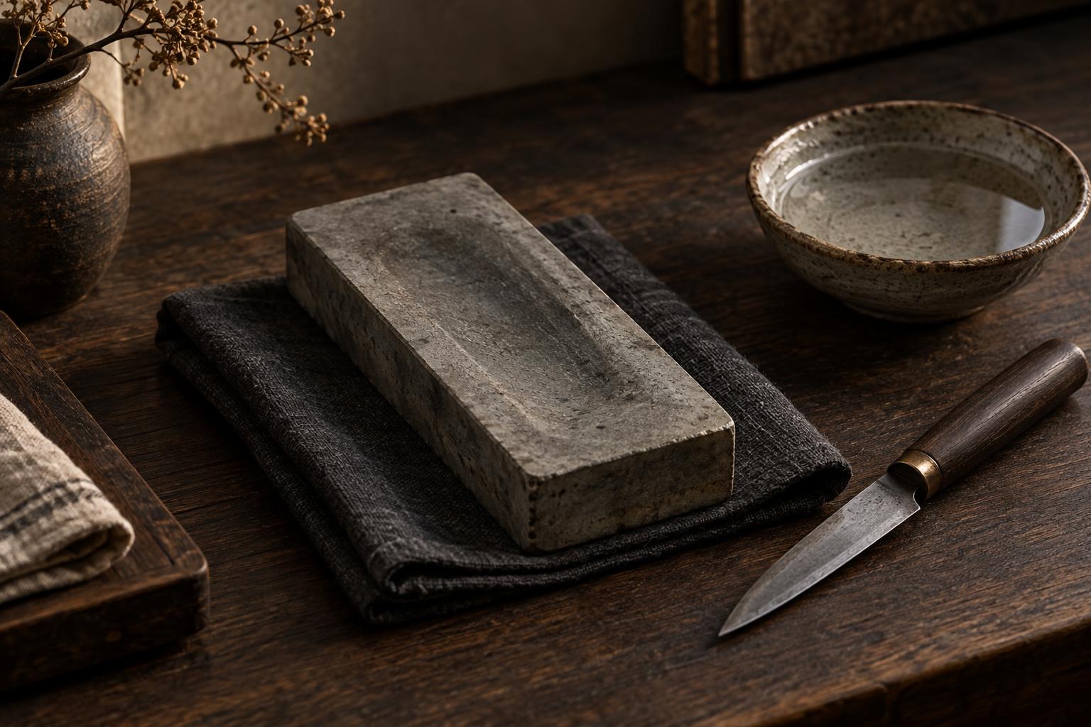 A restrained editorial still life in warm low light: a grey Japanese-style whetstone with a shallow hollow in the middle, resting on a folded dark linen cloth on a dark wooden counter, beside a small paring knife and a shallow ceramic dish of water.