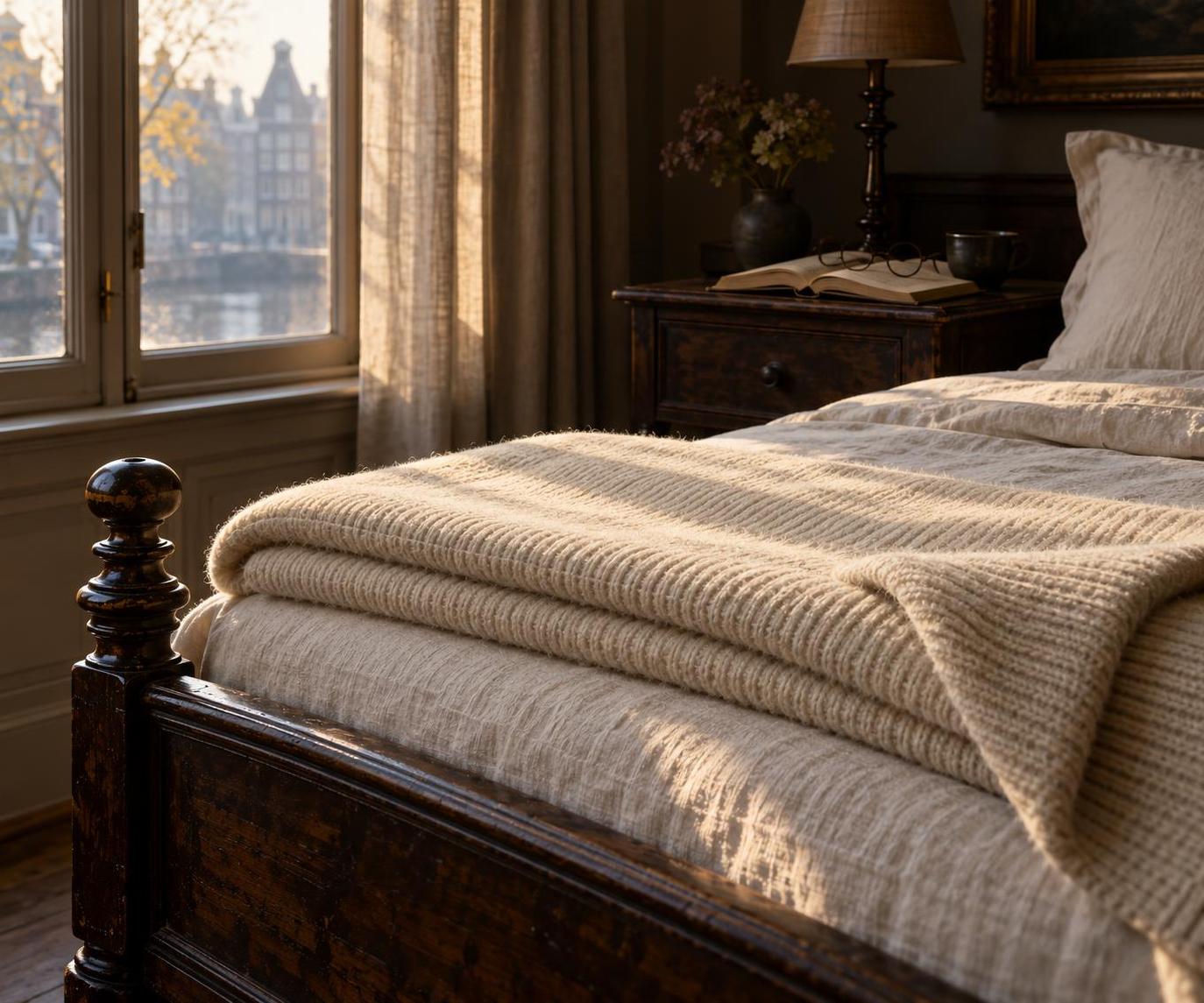 A thick cream wool blanket folded in three at the foot of a dark wooden bed in a canal-house bedroom in warm October morning light, a corner turned down over the bone linen, round spectacles resting on a book on the bedside table.