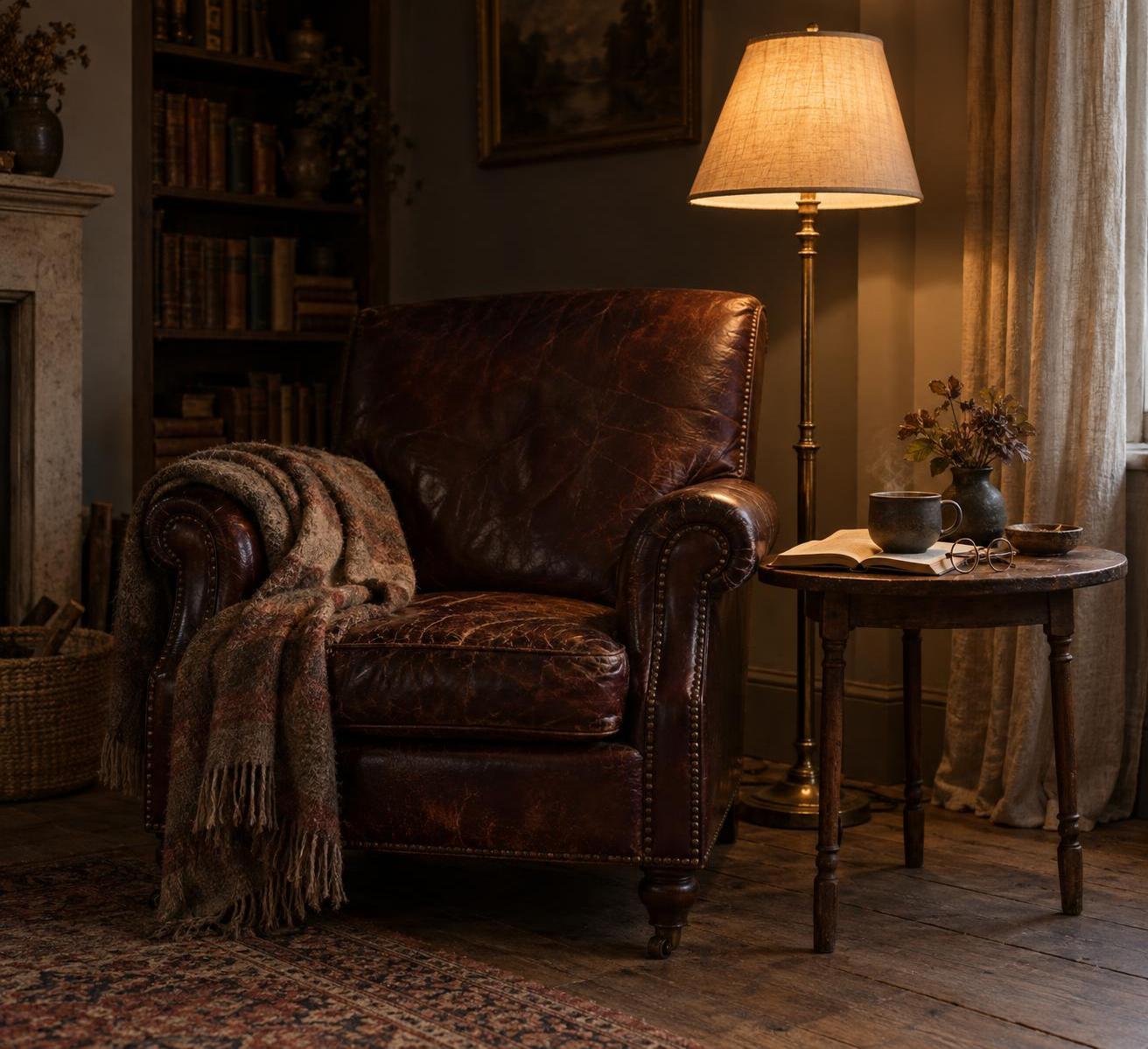 A restrained editorial still life in warm low October evening light: a worn dark leather reading chair pulled close to a brass floor lamp with a cream linen shade turned on, a small side table with an open hardcover book face-down, round brass spectacles, a dark ceramic cup of tea, and a folded wool throw over the armrest, the rest of the room falling into soft shadow.