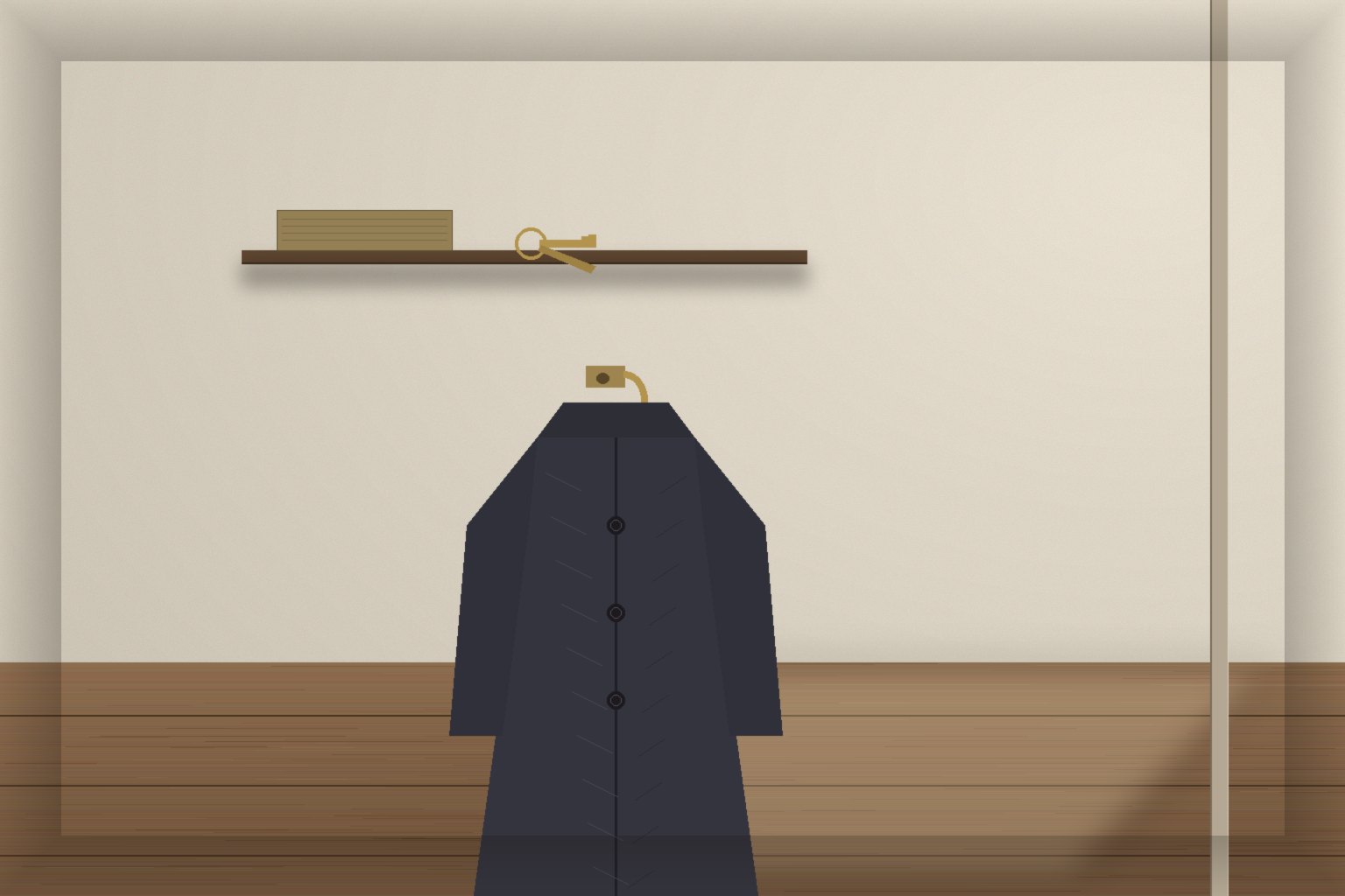 A restrained editorial still life in cool morning tones: a dark wool coat hung on a wooden hook beside a pale hallway wall, a small shelf above with a folded scarf and a set of keys, and a slant of early September light on the floor.