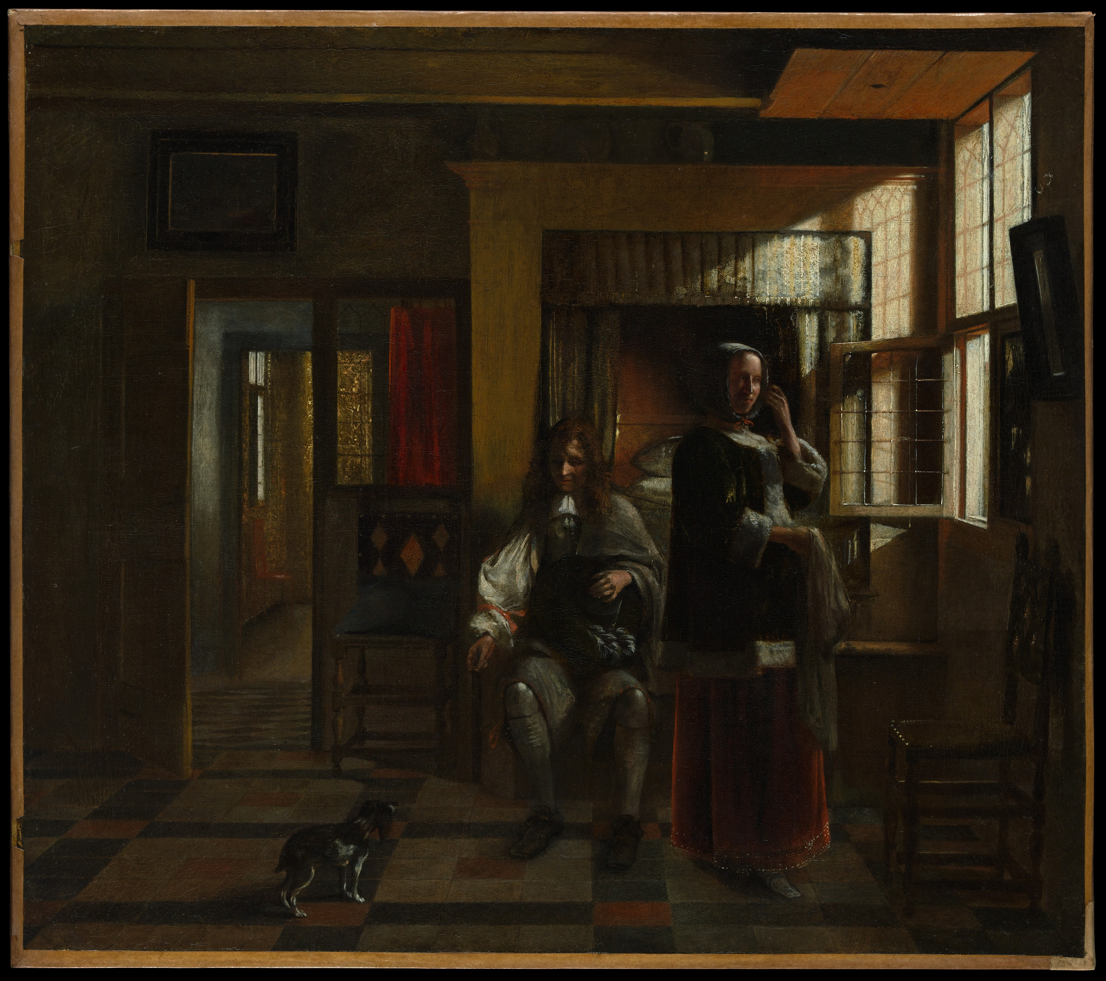 Pieter de Hooch's Interior with a Young Couple: a quiet Dutch interior with one room opening into another through a lit doorway.