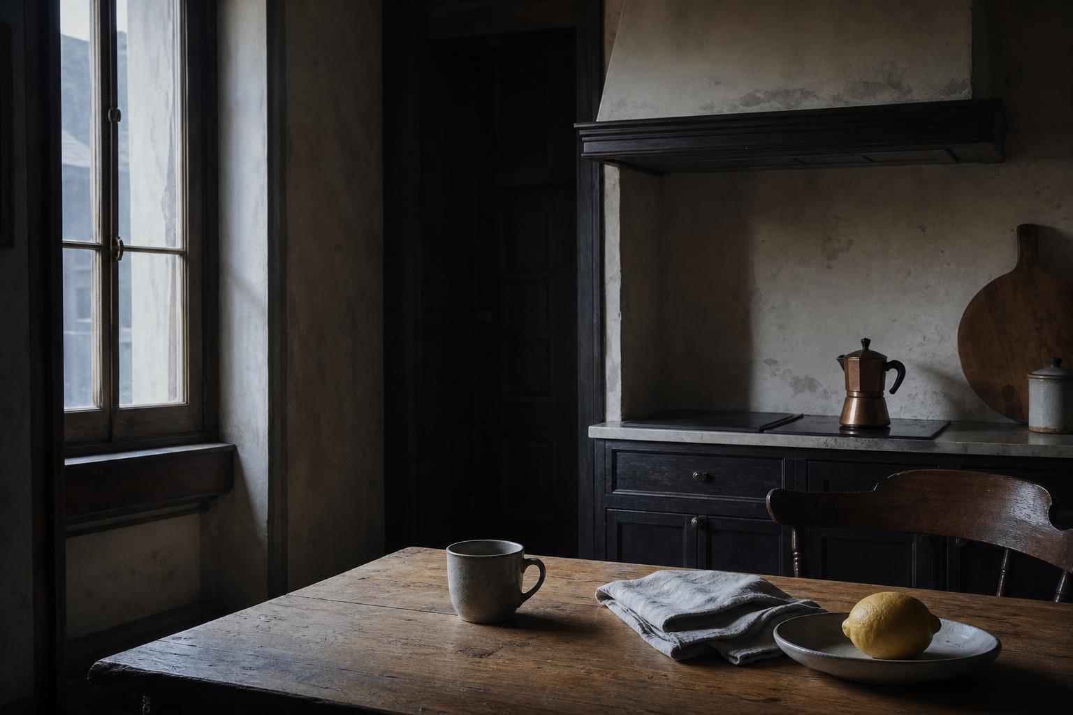 A quiet European kitchen at first light: a ceramic cup on a scarred wooden table, a small copper moka pot on the dark cooktop, a folded linen cloth and a lemon on a plate, cold blue-grey dawn through a tall wooden-framed window.