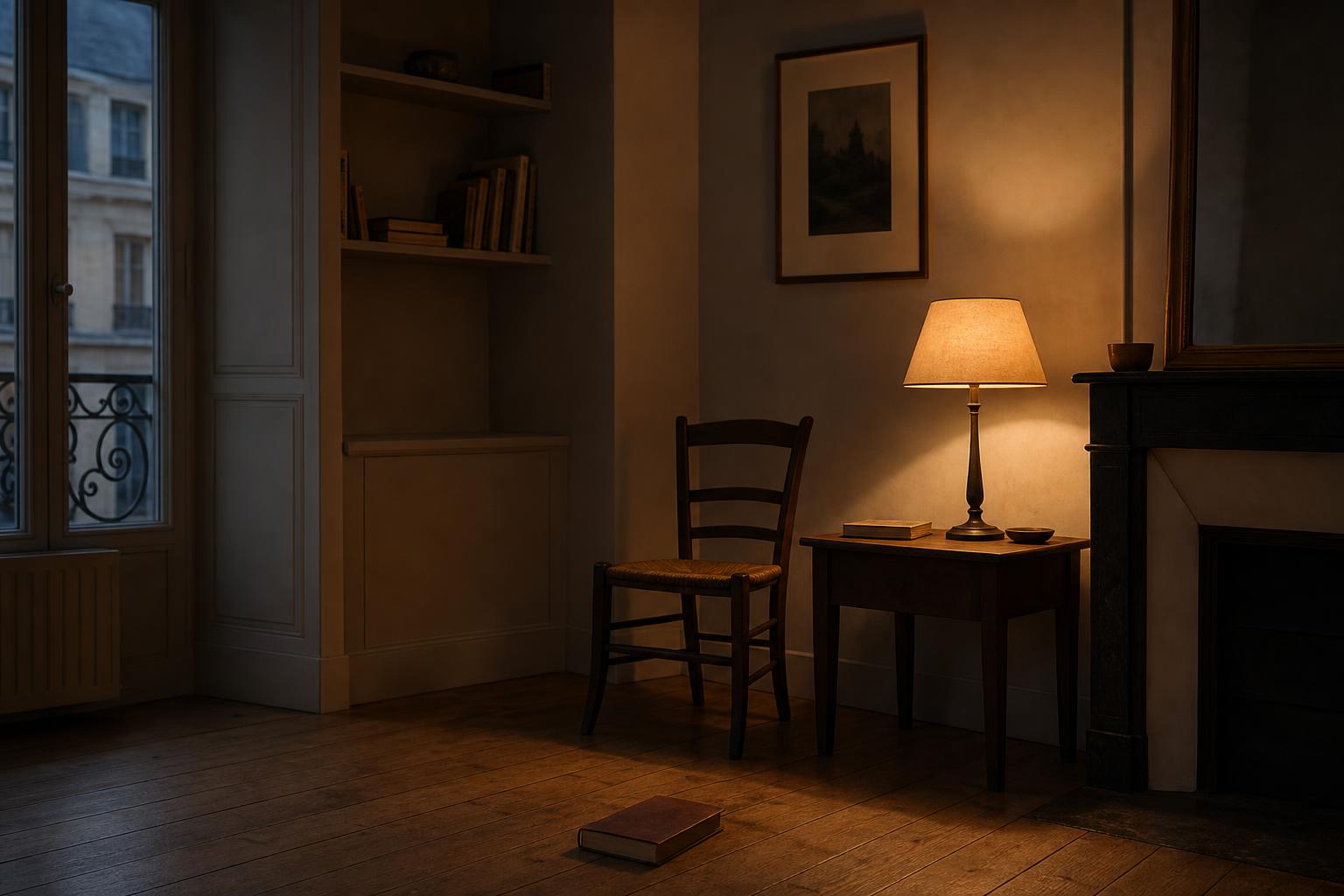 Restrained editorial image of a dim room with a low lamp, a chair, a window, and a small stack of books.