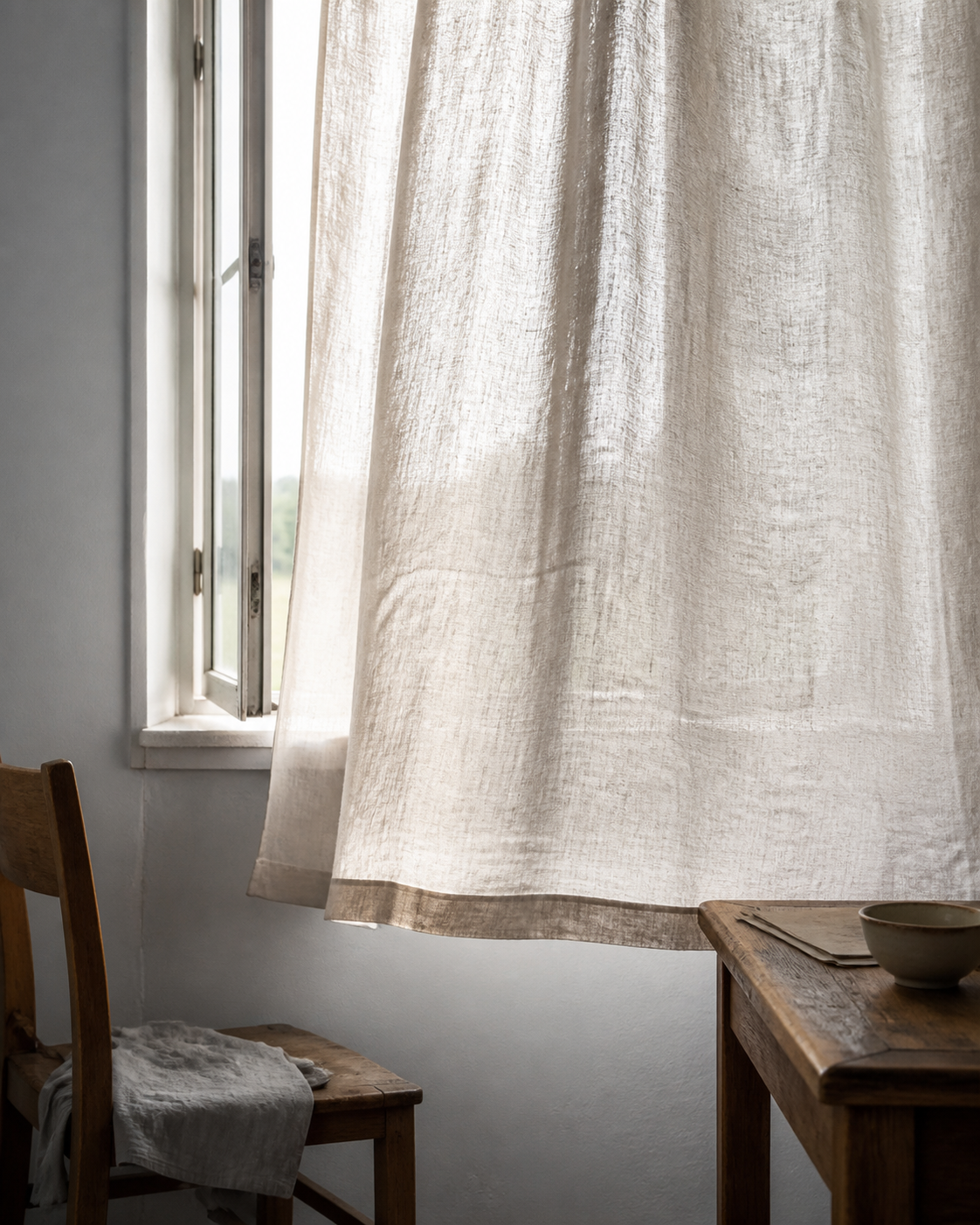 A restrained interior scene: a pale linen curtain partly drawn across an open window, with morning light falling across a wooden table.
