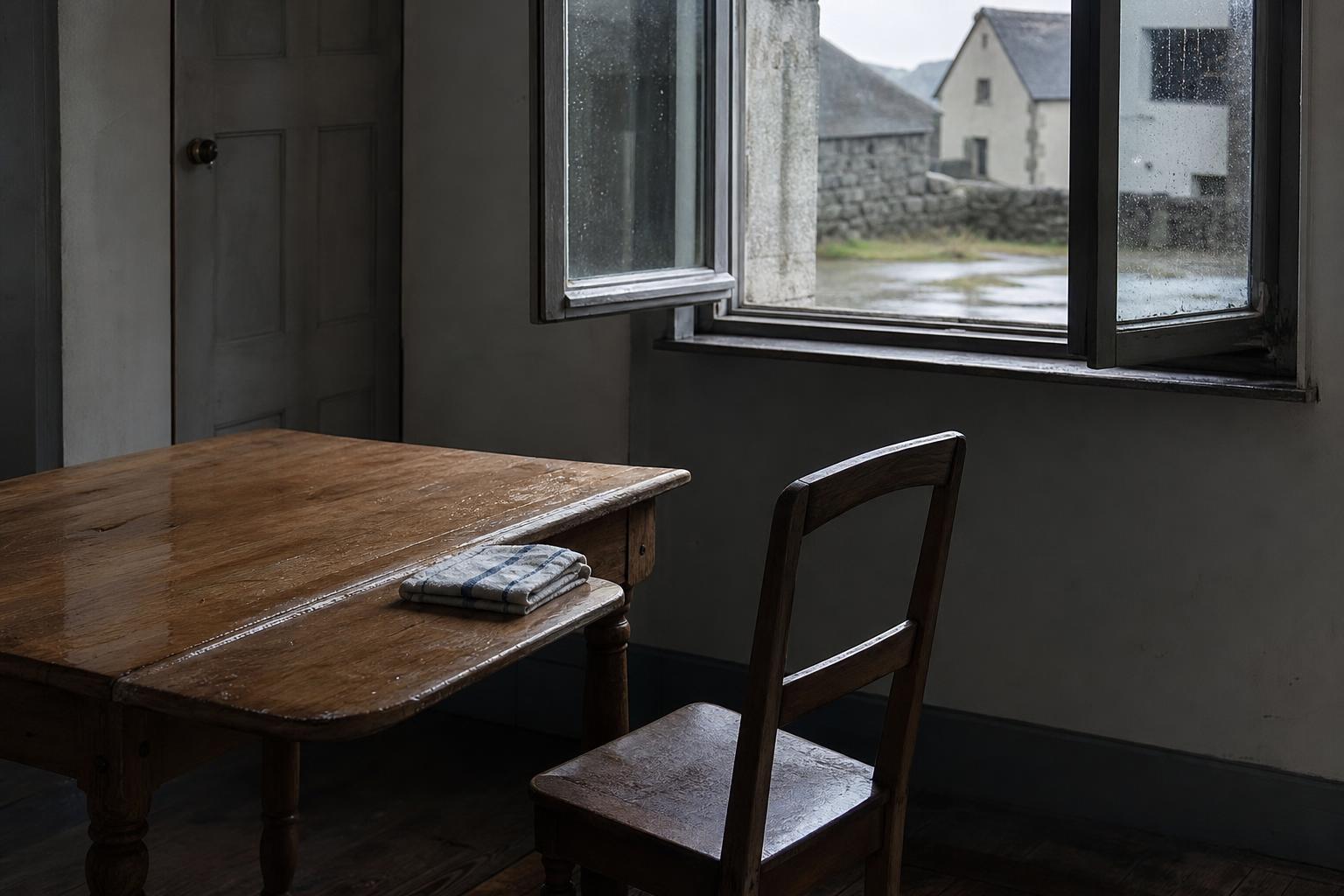A modest room after rain with a wiped wooden table, folded cloth, open window, and simple chair in grey natural light.