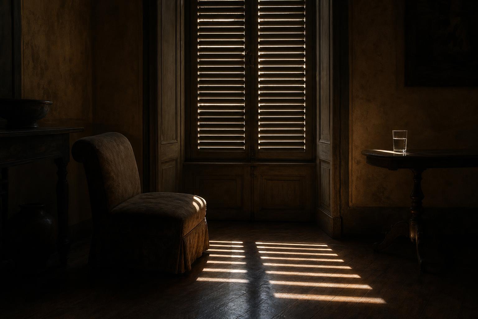A shuttered interior in high afternoon: narrow bars of hot light striking a dark wooden floor, a low chair drawn back into shadow, a glass of water on a small table.