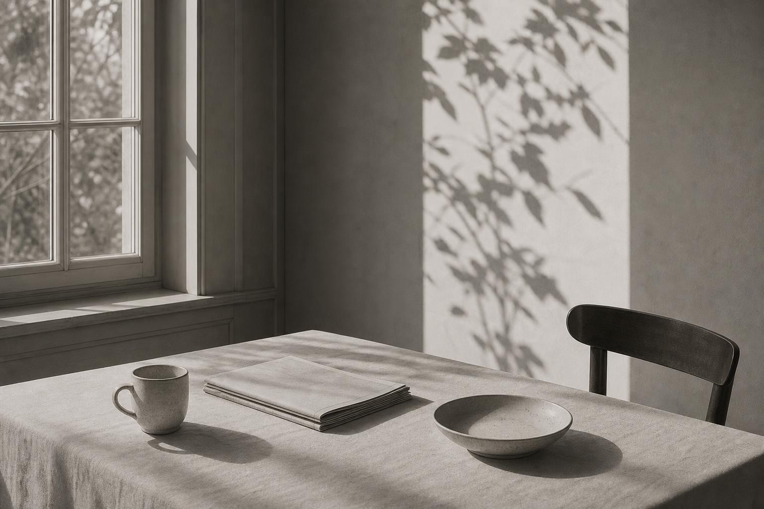 Restrained editorial image of a quiet table by a window in morning light, with a cup, papers, and a chair.