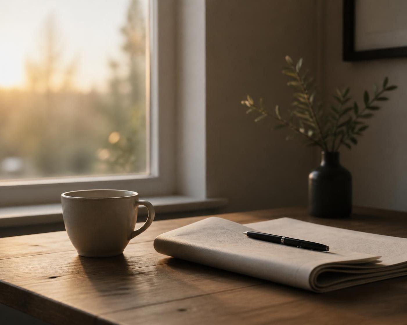 A quiet table by a window in early morning light, with a ceramic cup, a folded newspaper, and a pen.