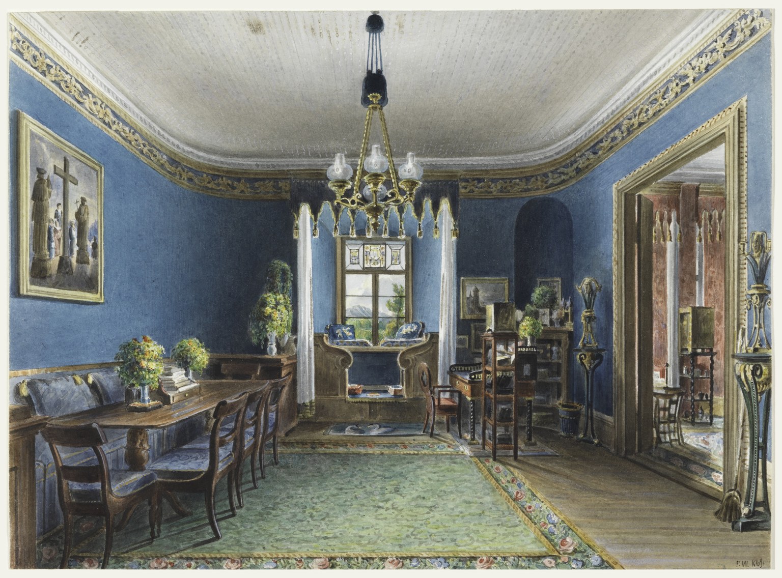 Friedrich Wilhelm Klose's The Blue Room: a calm domestic interior with chairs, a table, and daylight entering from the windows.