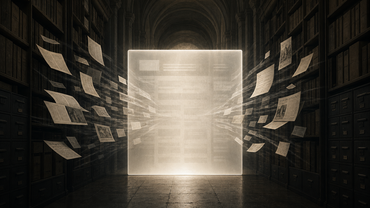 A library corridor whose pages are being drawn toward a single luminous gate of light at the end of the aisle.