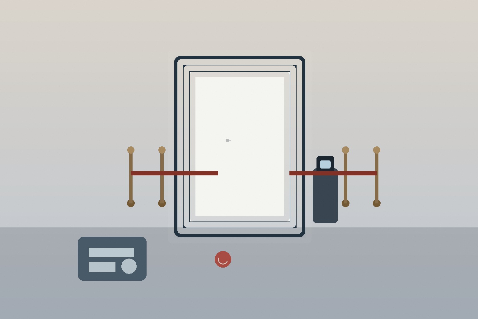 A pale doorway behind velvet ropes, with a scanner pedestal, an ID card on the floor, and a small red ball left outside.