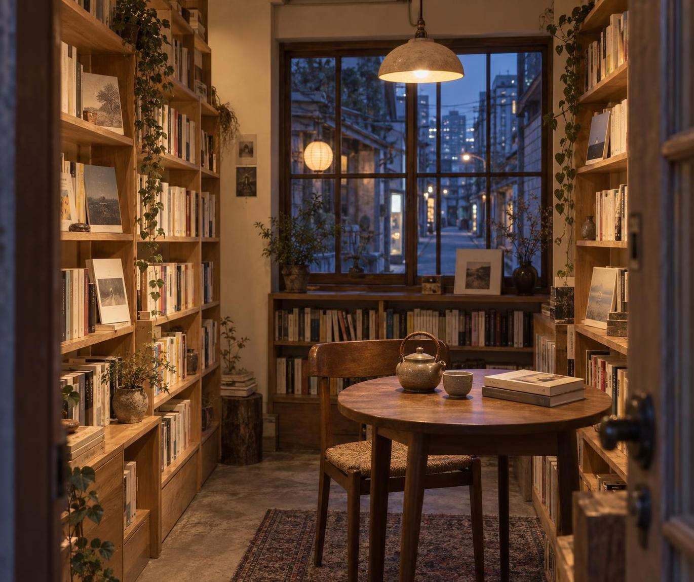A quiet warm-lit interior of a small independent neighborhood bookshop in Seoul at dusk: pale wood shelves, a low amber pendant lamp, a small round table with a barley-tea pot and a stack of books, and a paned window opening onto a narrow blue-hour Seoul side street.