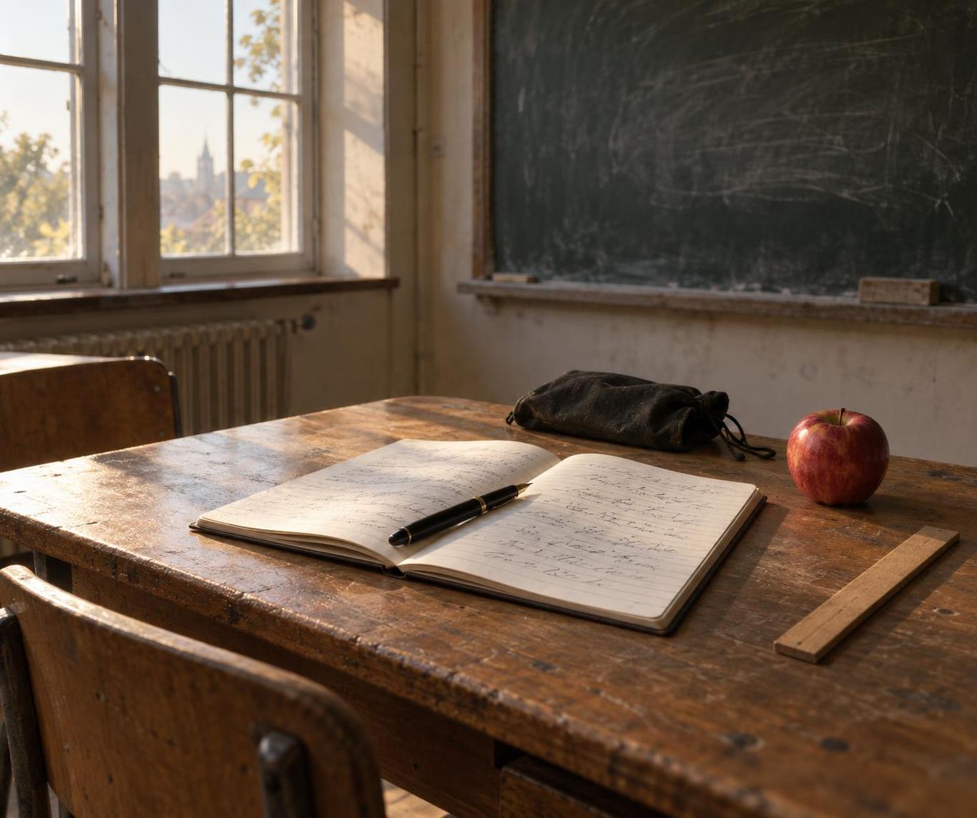 A restrained editorial still life in warm morning light: a wooden school desk with an open lined notebook, a fountain pen across the crease, a small dark canvas drawstring pouch closed around a phone-shaped bulge pushed to the edge, a red apple, and a wooden ruler; a chalkboard behind.