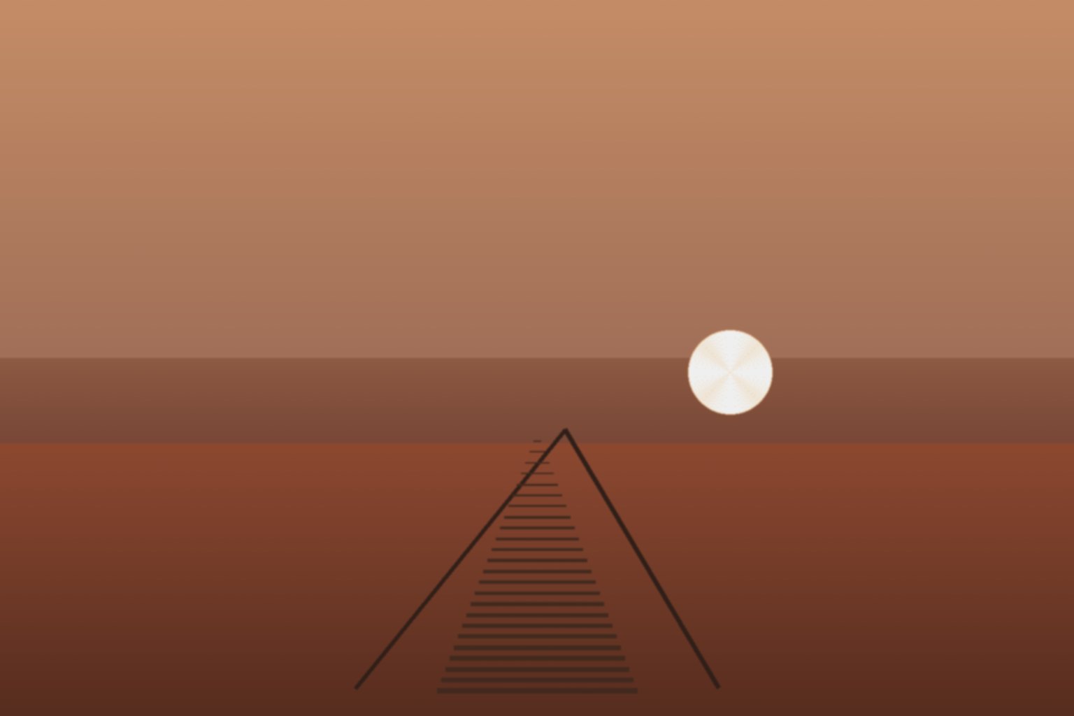 A quiet dusk over the red-earth interior of central Africa, with a suggested rail line receding toward a low sun on the horizon.