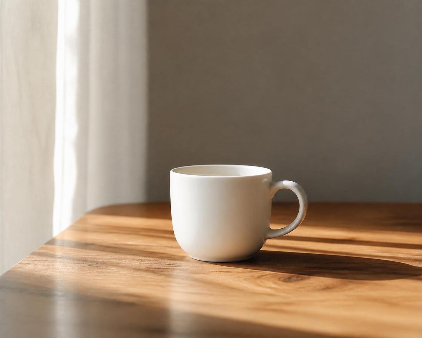 A white cup on a wooden table in morning light, quietly composed without props or branding.