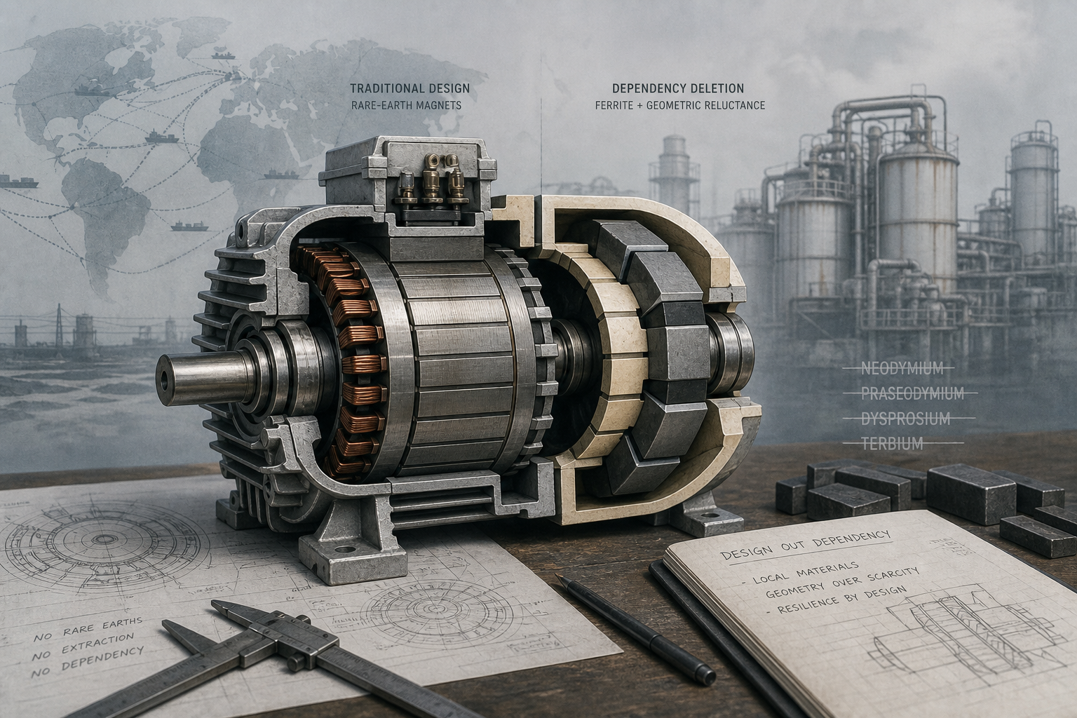 Editorial cutaway of an electric motor in pale metal tones, with bright copper windings exposed while one magnet segment has been carved away into a clean void.