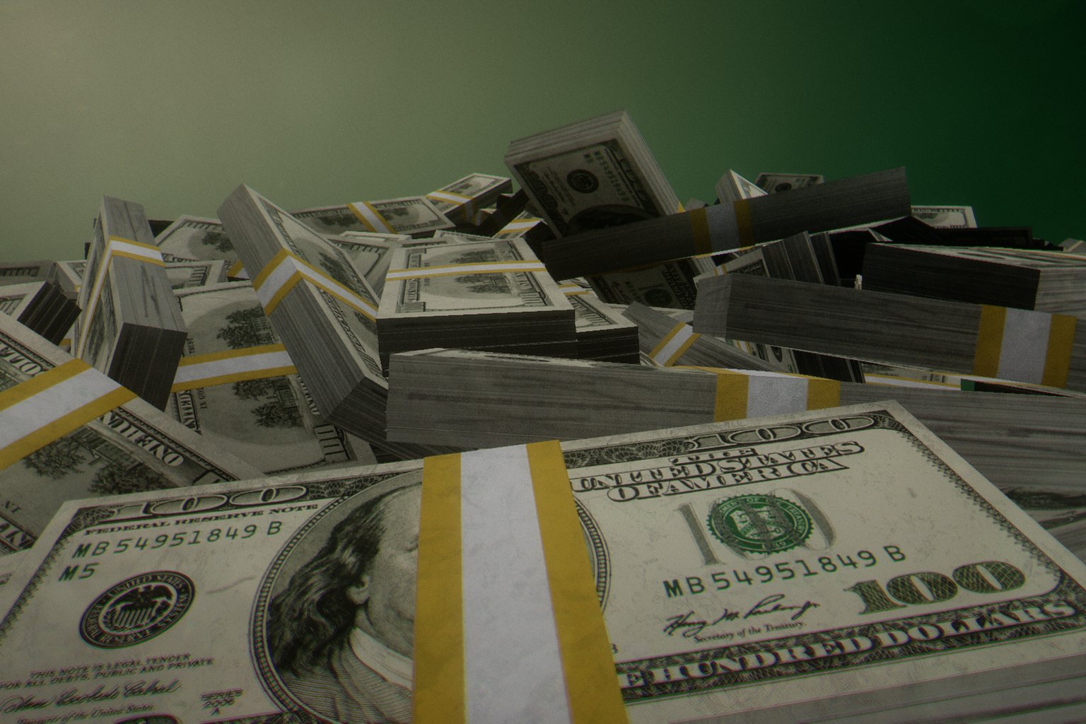 A dense stack of United States one-hundred dollar bills photographed from above, banded into bricks, filling the frame.