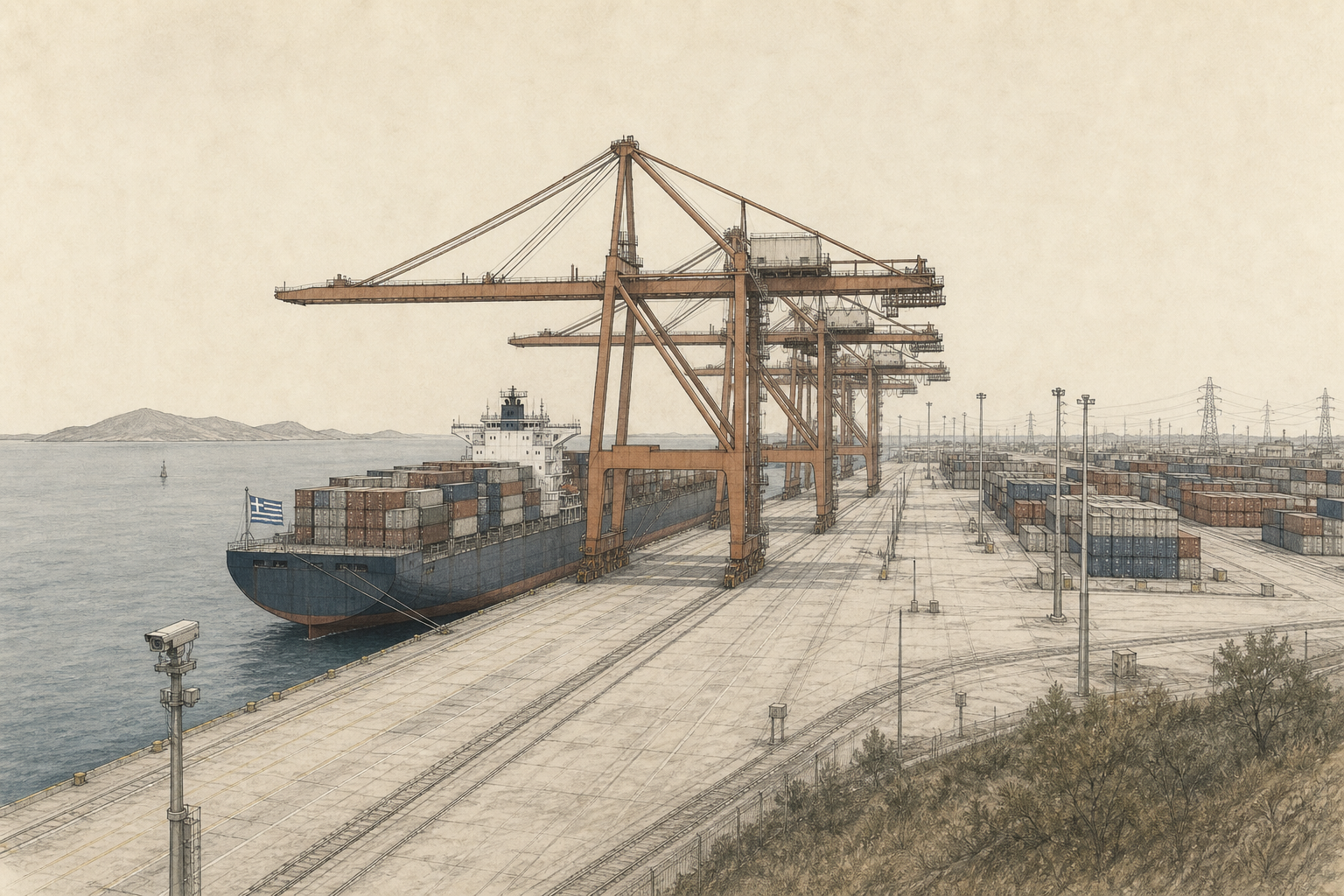 Restrained editorial illustration of a Greek-flagged container ship dwarfed by cranes, container stacks, rail lines, and port infrastructure.