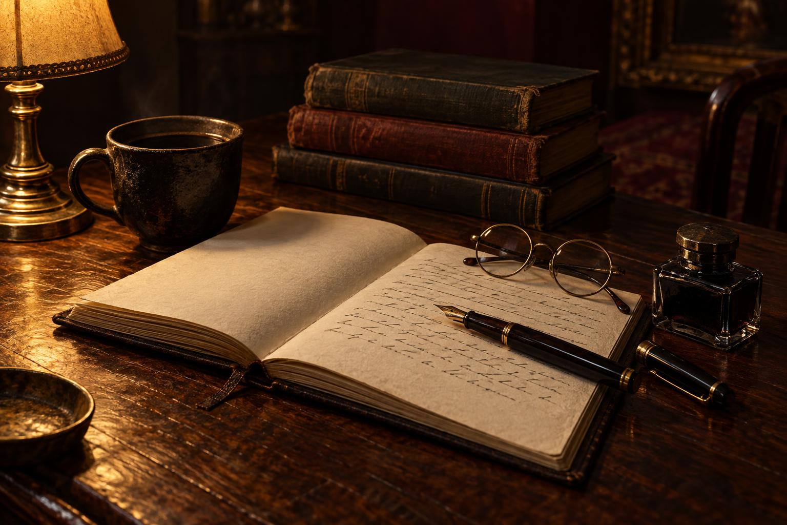 A restrained editorial still life in warm low lamplight on a dark walnut writing desk: a thick cream-paper notebook open to a half-filled page of neat dark cursive handwriting, a dark lacquered fountain pen with its cap unscrewed resting across the page, a small bottle of dark ink, round brass-rimmed spectacles folded on the paper, a dark ceramic cup, and a short stack of cloth-bound books.