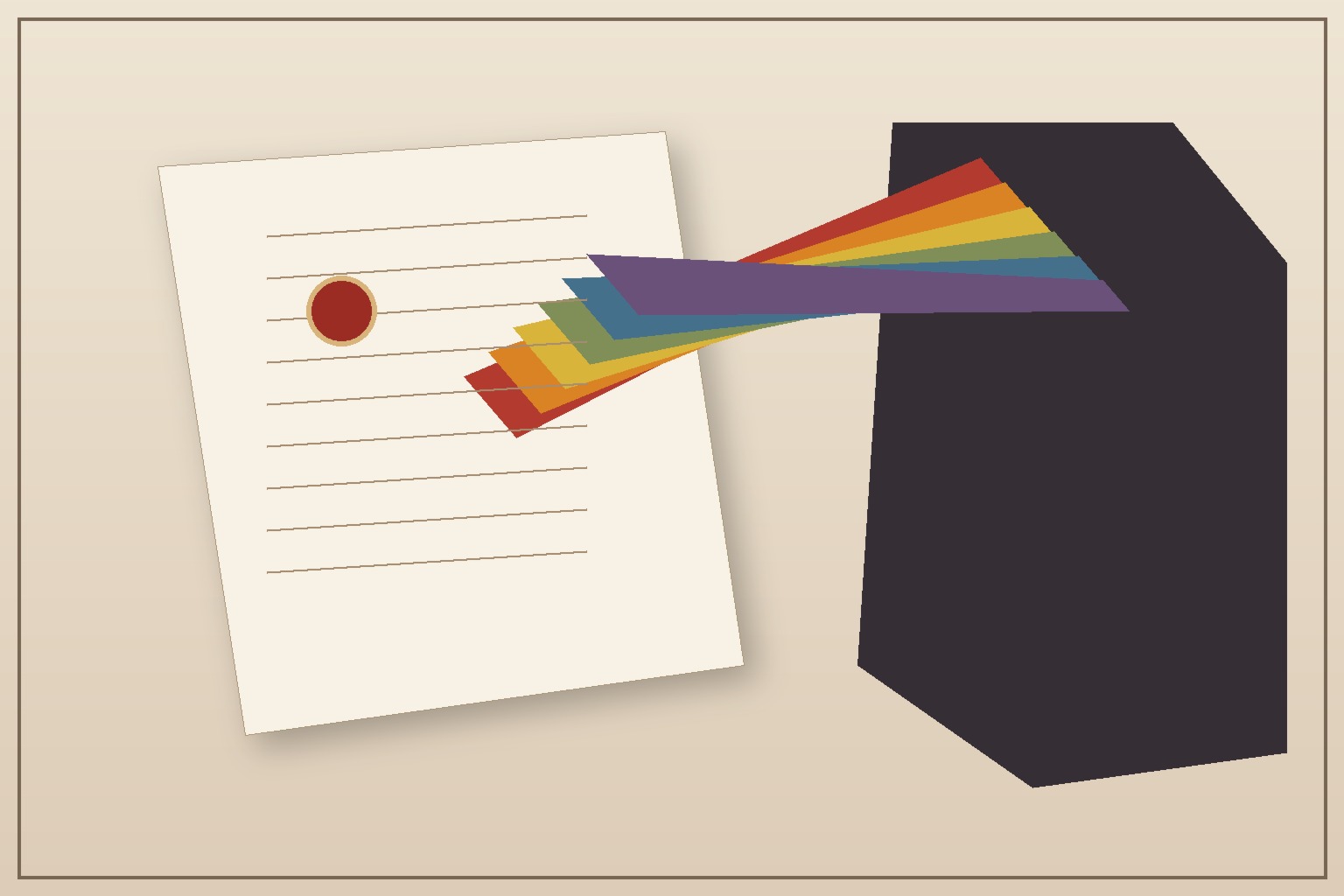 A restrained editorial image with an illuminated manuscript-like page, radiating bands of colour, and a dark threshold shape suggesting a museum room at closing time.