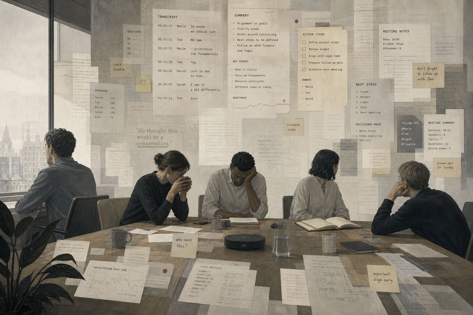 Editorial illustration of a meeting room where several people sit physically present but mentally absent while dense layers of transcripts, bullet points, and action items accumulate around them.