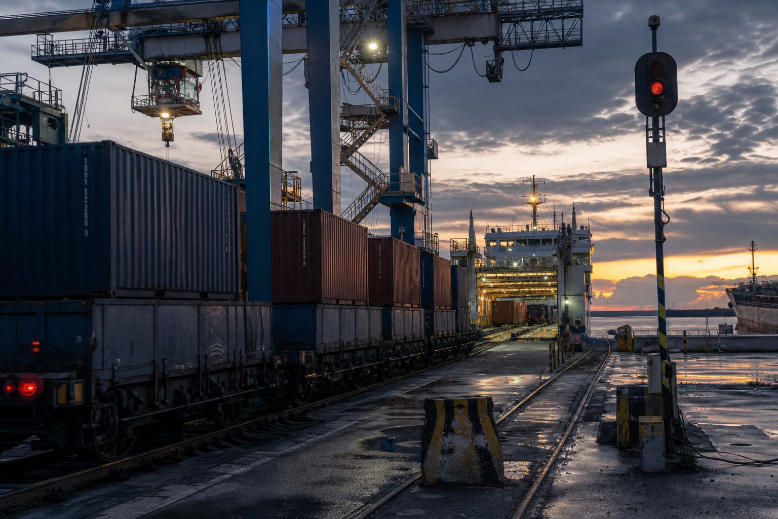 Container wagons and cranes at a Caspian transfer port at dusk, with rail, water, and ferry infrastructure turning a talked-about route into a real corridor.