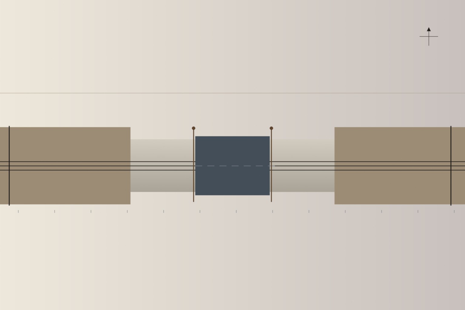 Restrained editorial diagram of a Eurasian land-and-sea corridor: two landmasses divided by a central sea gap, thin parallel rail lines crossing east and west, a dashed ferry line across the water, and small port marks at the coasts.