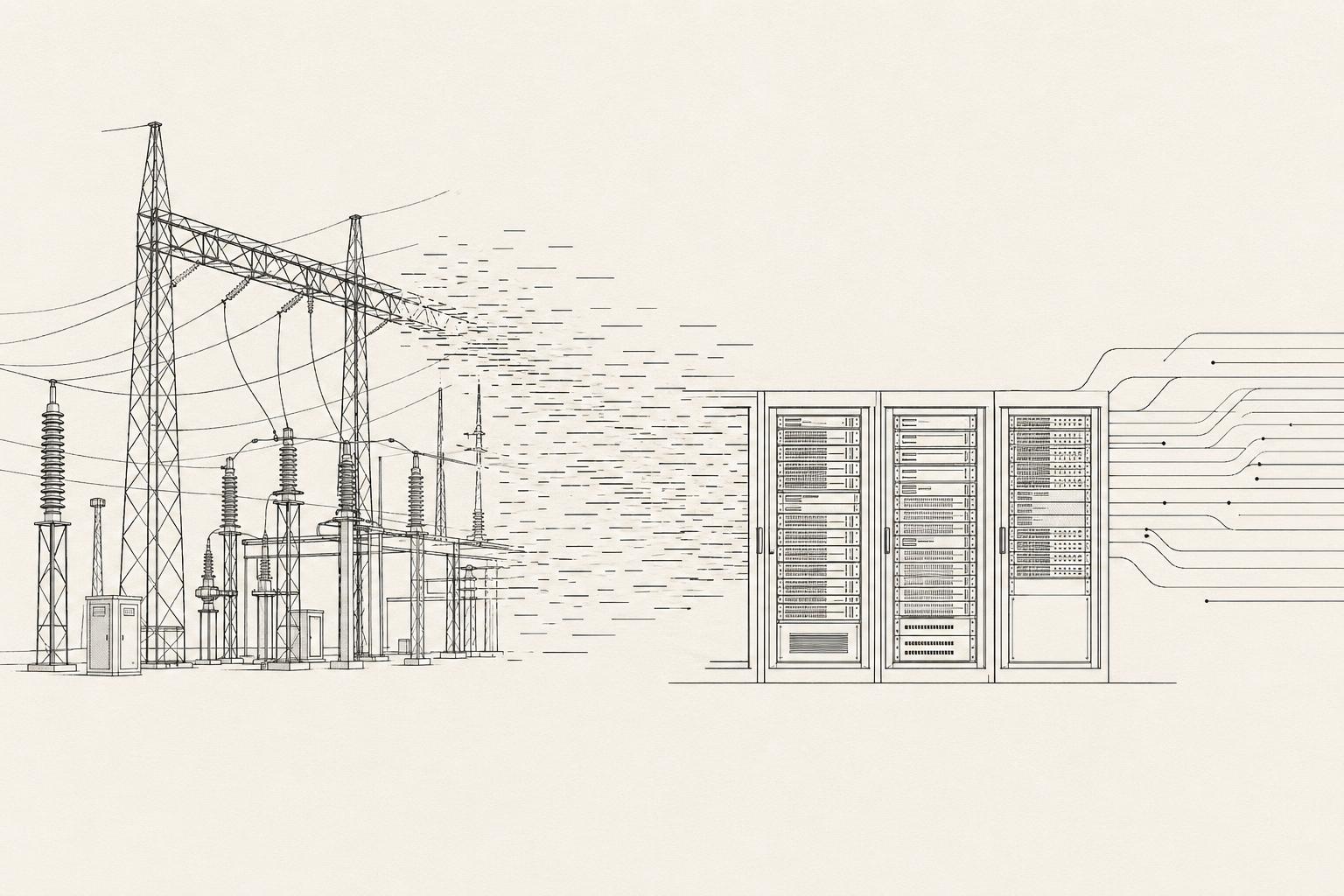 Minimal monochrome line drawing of a substation frame dissolving into server racks and transmission lines.