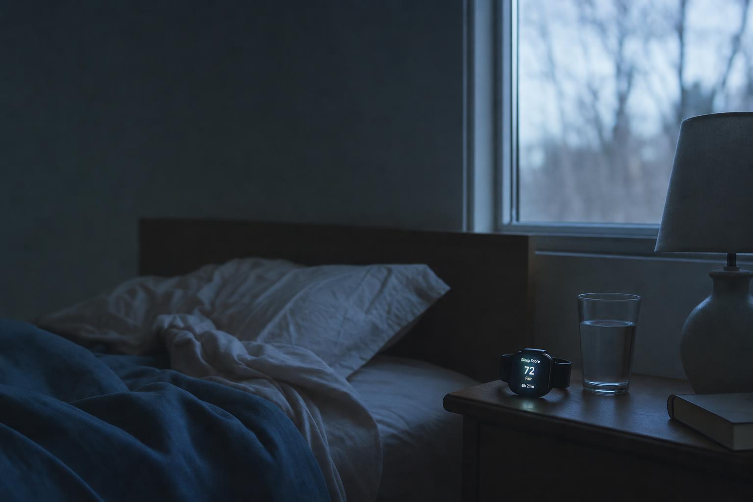 A dim bedside scene with a watch face and ring-like device casting cold numerical light into an otherwise ordinary sleeping room.