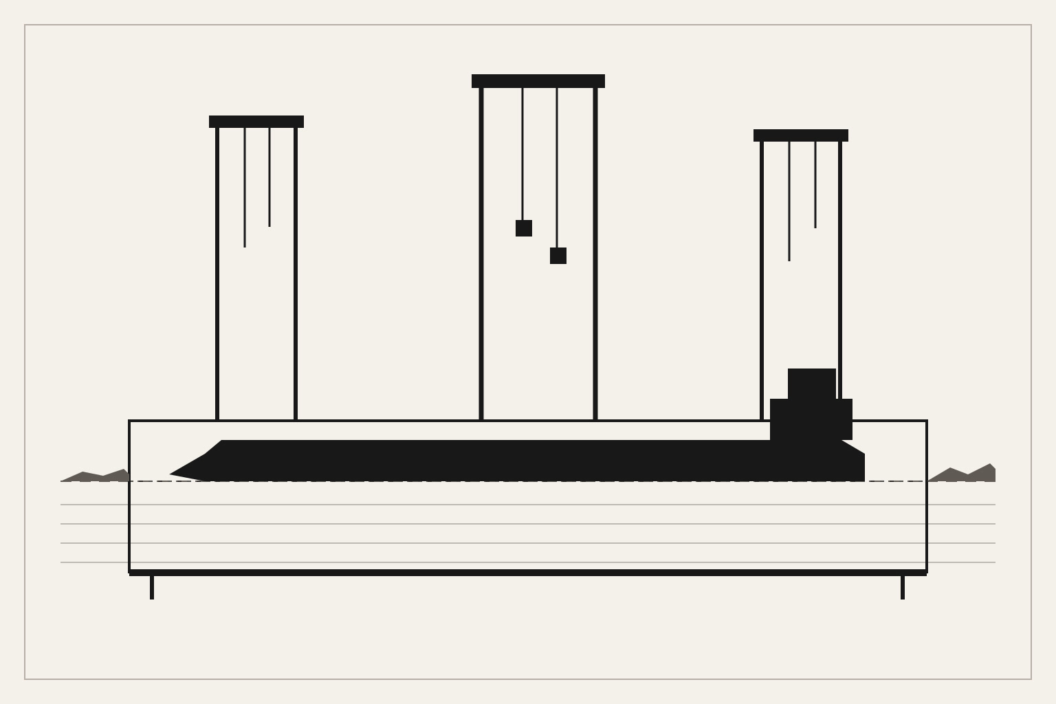 A muted editorial diagram of a coastal shipyard: three tall gantry cranes, a long dry dock, and the silhouette of a partially built merchant hull on the water.