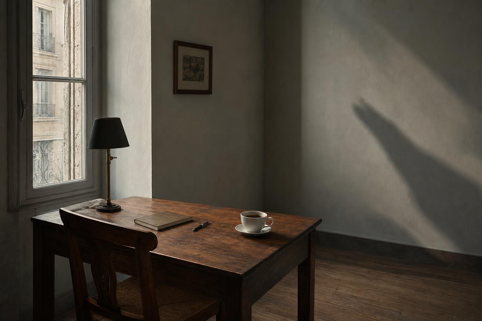 A quiet writing table in morning light with a notebook, pen, lamp and cup of coffee; on the wall a large dramatic shadow cast from beyond the frame, ignored by the room.