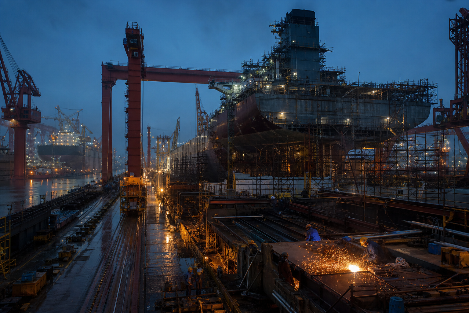 A vast shipyard at blue hour, with merchant hulls under construction, gantry cranes, wet steel, and welding sparks in a maritime order being built at industrial scale.