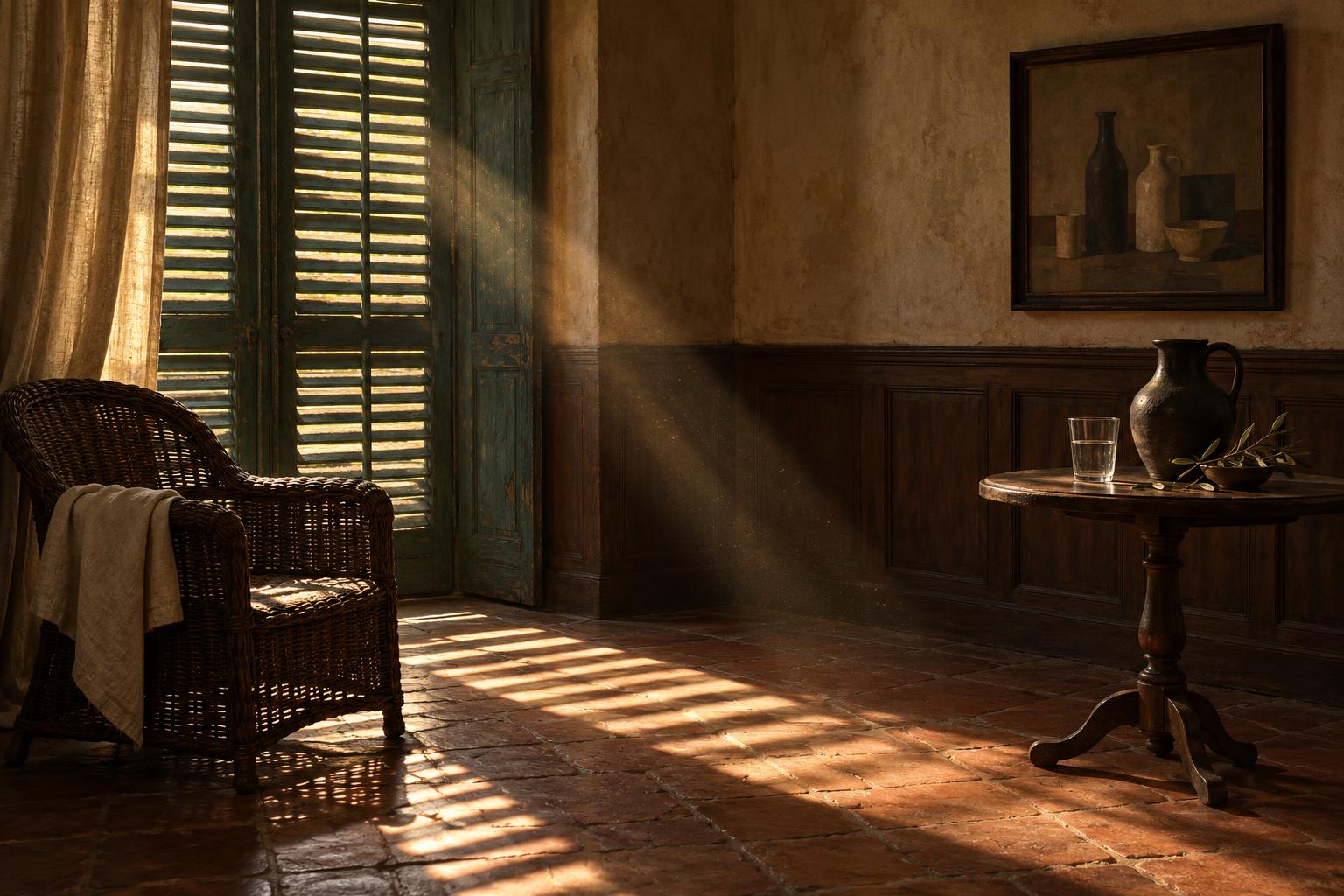 A restrained editorial still life in warm Mediterranean afternoon light: a south-facing shuttered window with closed slatted wooden shutters casting bands of amber light across a dark terracotta-tiled floor, a thin linen cloth folded on a dark wicker armchair, a half-drawn linen curtain, a small round side table carrying a dark ceramic jug and a glass of water, and the quiet of a room agreed to be dark at the middle of the day.
