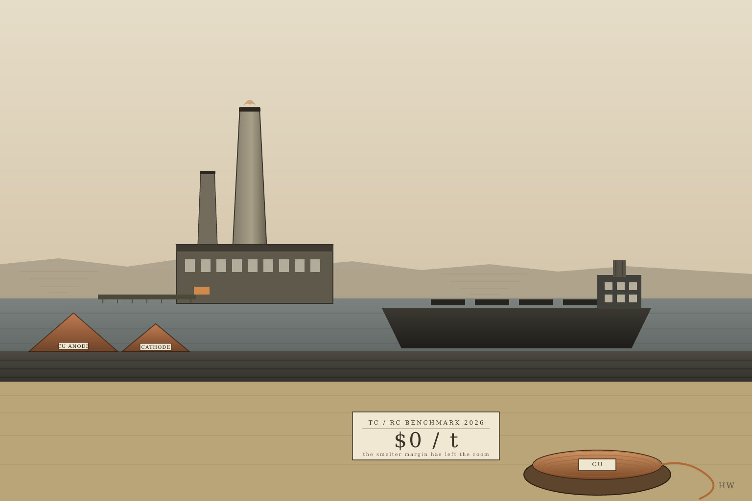 Restrained editorial illustration of a copper smelter at dusk: a tall smelter stack with a low flame, three angular anode-copper stockpiles on a quay, a bulk carrier at the jetty, a distant open-pit mine silhouette with descending grade lines, and a heavy spool of copper wire set in the foreground with a plate reading TC/RC 2026: $0 per tonne.