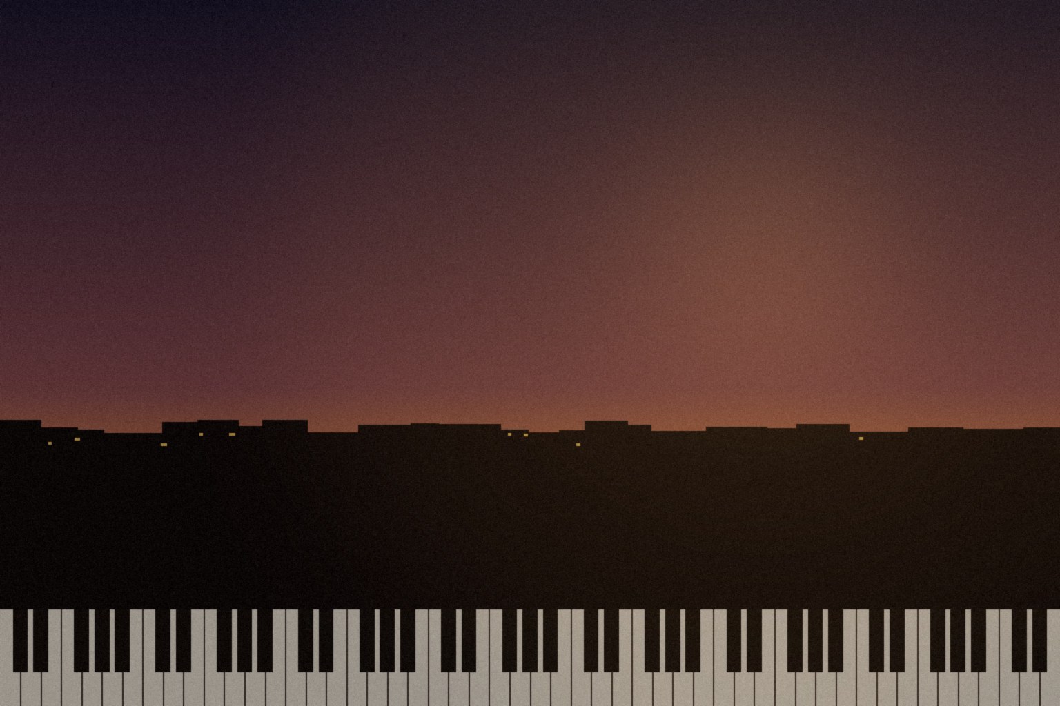A warm dusk over a Cape Flats horizon: an indigo sky settling into ochre and dusty rose at the roofline, a low township silhouette with a single lit window, a soft lamp glow off to the right, and a piano keyboard spanning the lower frame.