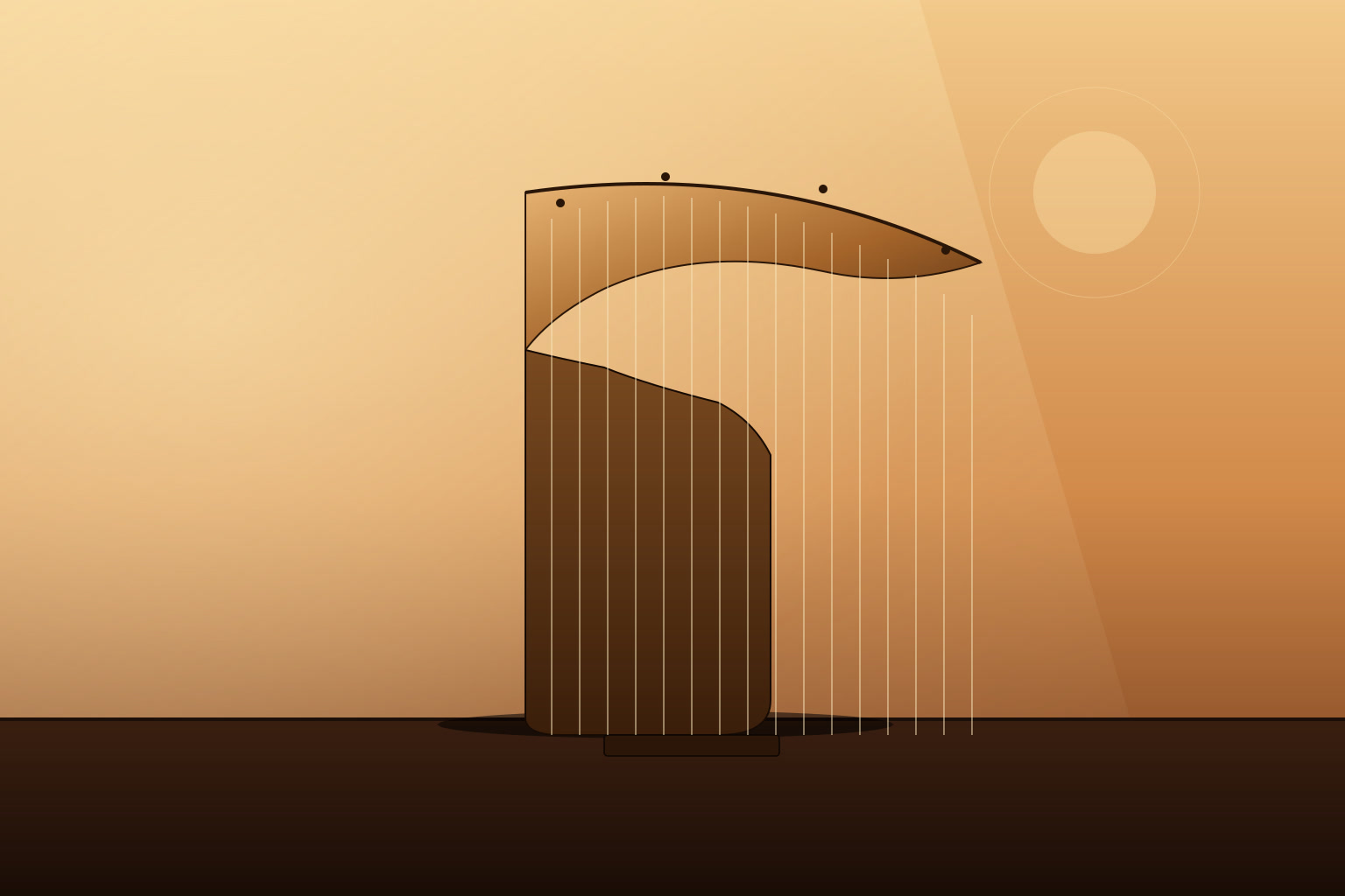 A concert harp catching low dawn light against a warm ochre wall, its strings drawn as fine parallel lines against a soft glow.