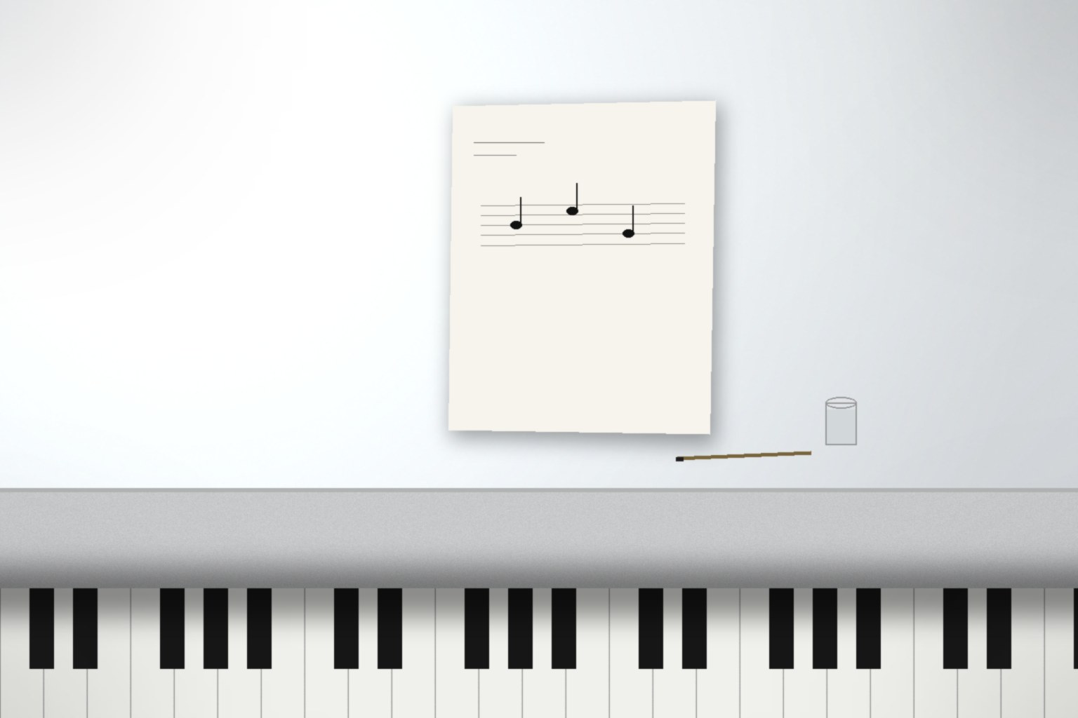 A pale cool interior in cold north morning light: a single sheet of manuscript with three sparse note-heads resting on the closed lid of an upright piano, a glass of water, a pencil, and a section of black-and-white keys along the lower edge.