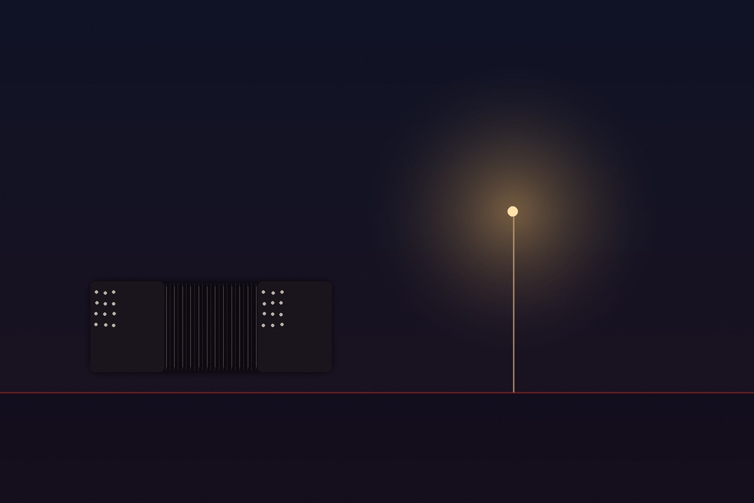 A dark Buenos Aires night field: a bandoneon on a table under a single pool of amber lamplight, with a thin oxblood horizon line below.