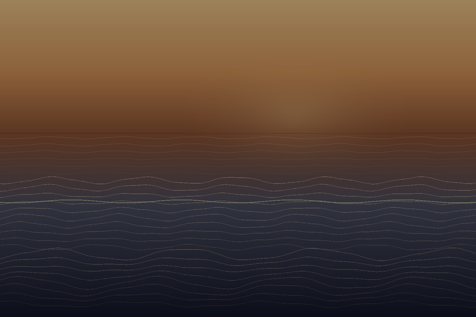 A soft dawn horizon over a broad river of layered ripples, warm ochre above, deep indigo below, a quiet field of moving water.